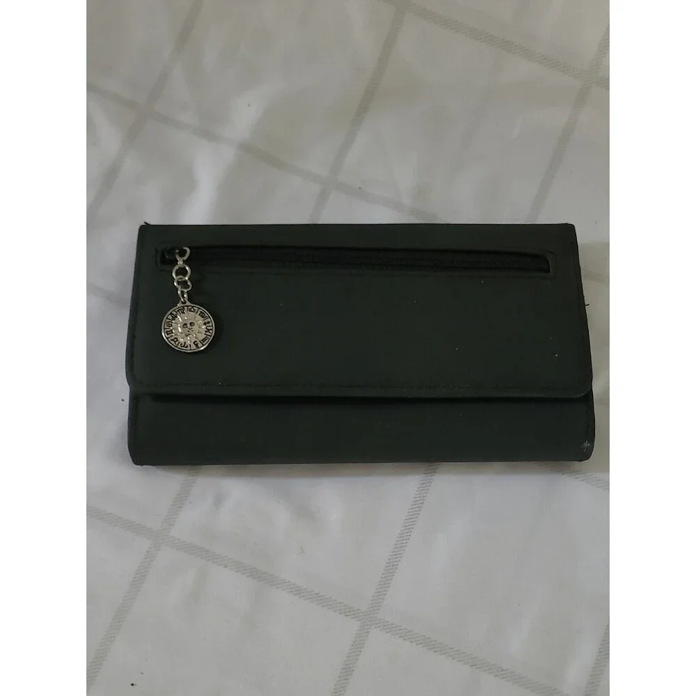 Womens Classic Black Wallet with Front Zip and Zodiac Charm